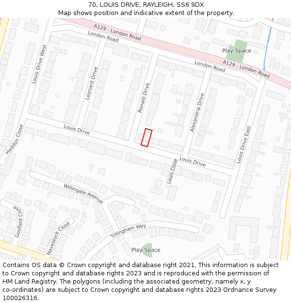 70, LOUIS DRIVE, RAYLEIGH, SS6 9DX: Location map and indicative extent of plot