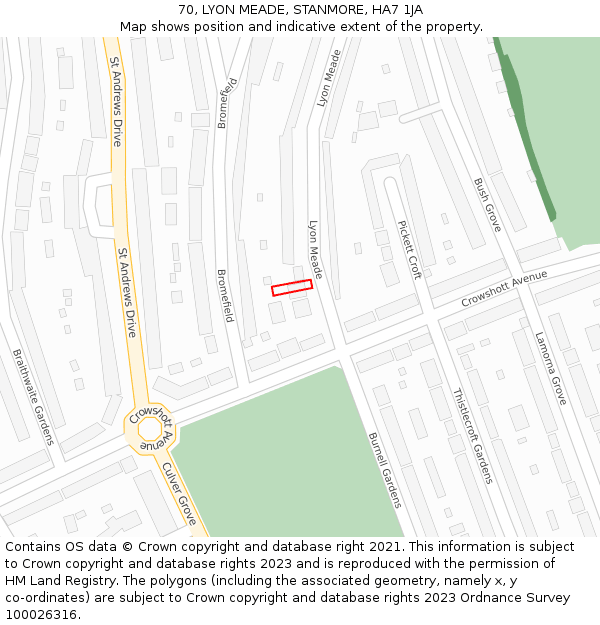 70, LYON MEADE, STANMORE, HA7 1JA: Location map and indicative extent of plot