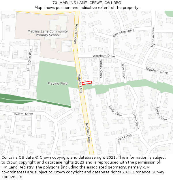 70, MABLINS LANE, CREWE, CW1 3RG: Location map and indicative extent of plot