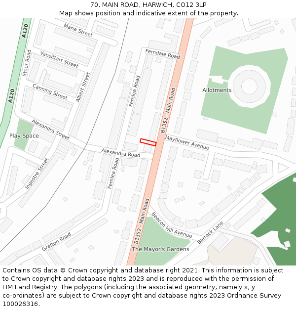 70, MAIN ROAD, HARWICH, CO12 3LP: Location map and indicative extent of plot