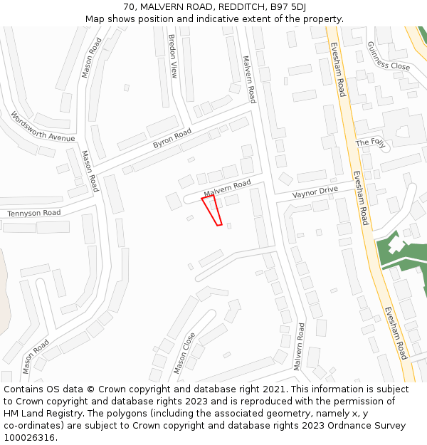 70, MALVERN ROAD, REDDITCH, B97 5DJ: Location map and indicative extent of plot