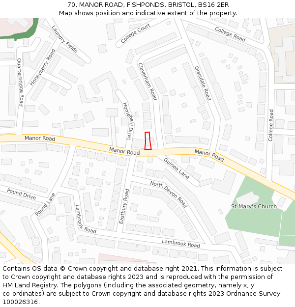 70, MANOR ROAD, FISHPONDS, BRISTOL, BS16 2ER: Location map and indicative extent of plot