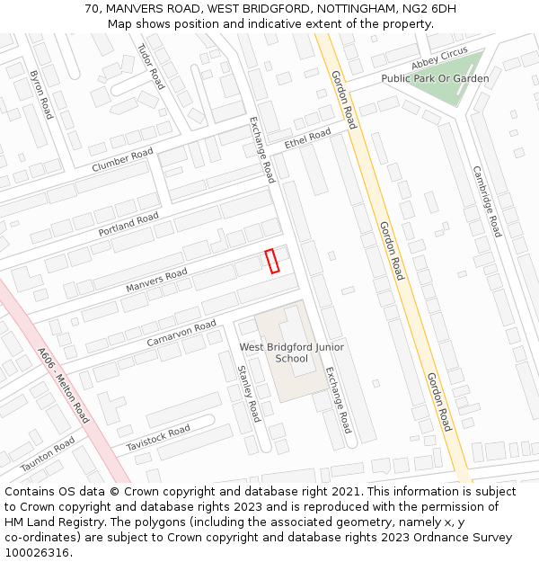 70, MANVERS ROAD, WEST BRIDGFORD, NOTTINGHAM, NG2 6DH: Location map and indicative extent of plot