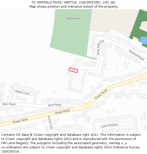 70, MAYFIELD ROAD, WRITTLE, CHELMSFORD, CM1 3EL: Location map and indicative extent of plot