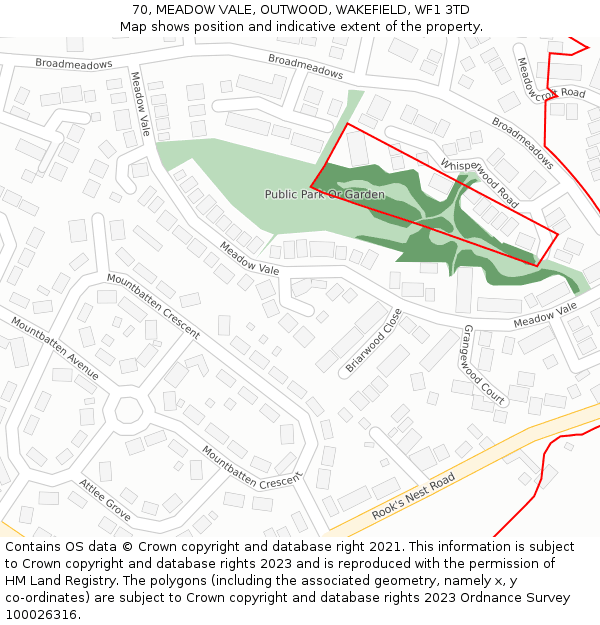 70, MEADOW VALE, OUTWOOD, WAKEFIELD, WF1 3TD: Location map and indicative extent of plot