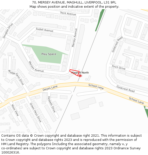 70, MERSEY AVENUE, MAGHULL, LIVERPOOL, L31 9PL: Location map and indicative extent of plot