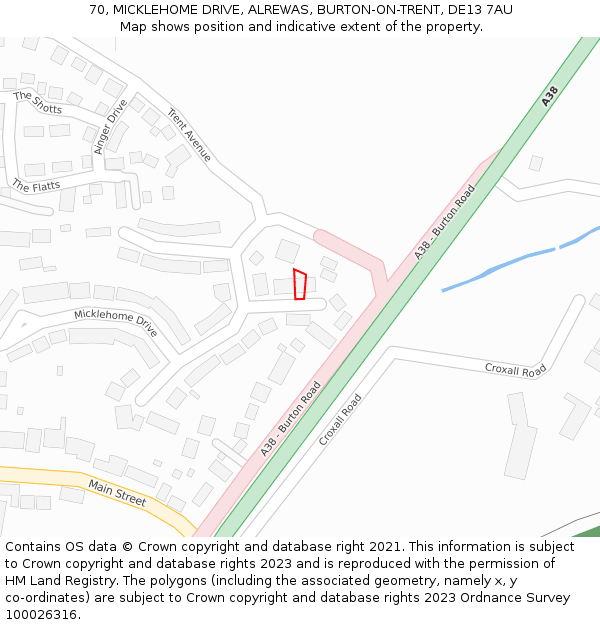 70, MICKLEHOME DRIVE, ALREWAS, BURTON-ON-TRENT, DE13 7AU: Location map and indicative extent of plot