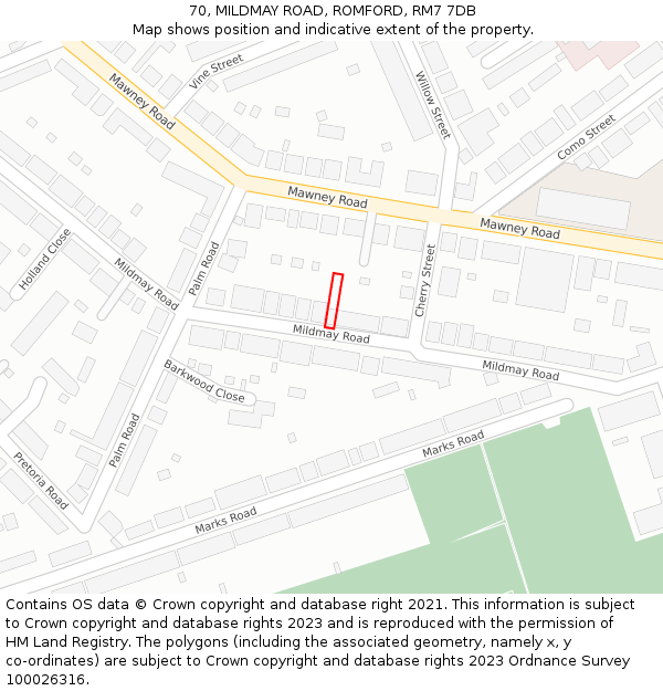 70, MILDMAY ROAD, ROMFORD, RM7 7DB: Location map and indicative extent of plot