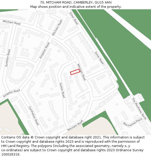 70, MITCHAM ROAD, CAMBERLEY, GU15 4AN: Location map and indicative extent of plot