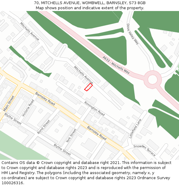 70, MITCHELLS AVENUE, WOMBWELL, BARNSLEY, S73 8GB: Location map and indicative extent of plot