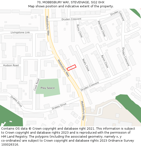70, MOBBSBURY WAY, STEVENAGE, SG2 0HX: Location map and indicative extent of plot