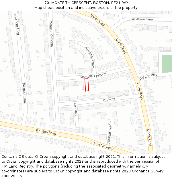 70, MONTEITH CRESCENT, BOSTON, PE21 9AY: Location map and indicative extent of plot