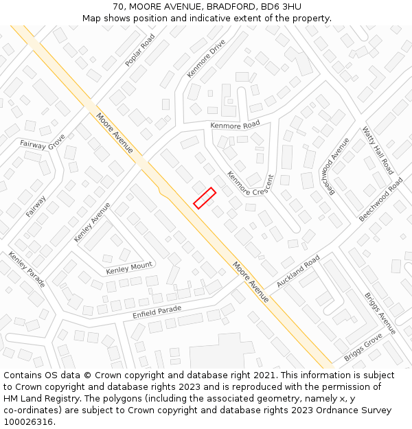 70, MOORE AVENUE, BRADFORD, BD6 3HU: Location map and indicative extent of plot