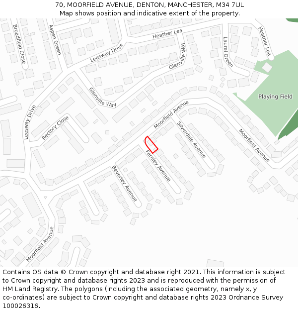 70, MOORFIELD AVENUE, DENTON, MANCHESTER, M34 7UL: Location map and indicative extent of plot