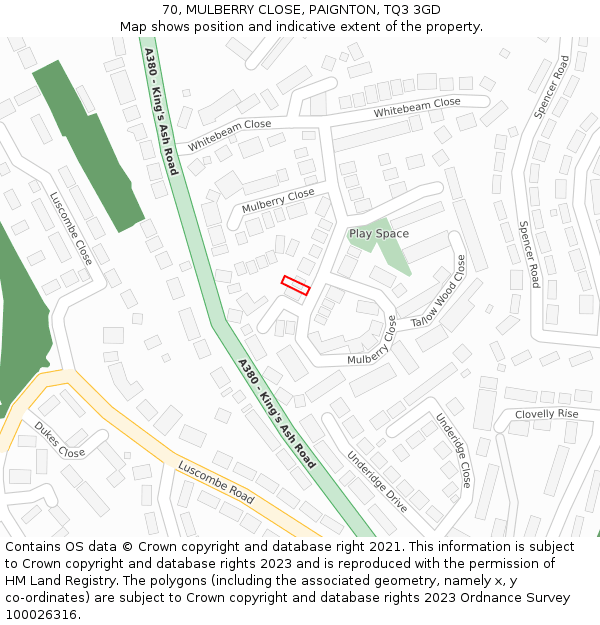 70, MULBERRY CLOSE, PAIGNTON, TQ3 3GD: Location map and indicative extent of plot