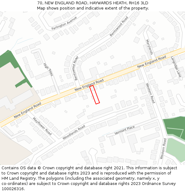 70, NEW ENGLAND ROAD, HAYWARDS HEATH, RH16 3LD: Location map and indicative extent of plot