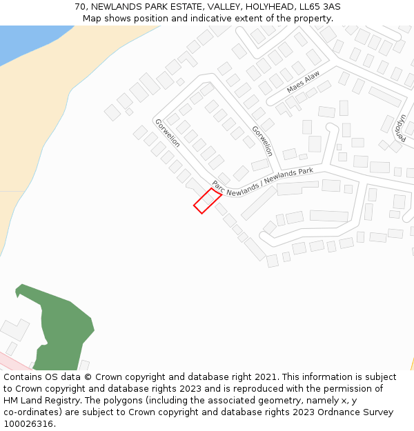 70, NEWLANDS PARK ESTATE, VALLEY, HOLYHEAD, LL65 3AS: Location map and indicative extent of plot