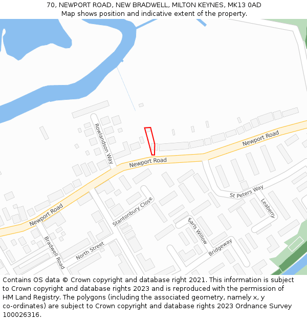 70, NEWPORT ROAD, NEW BRADWELL, MILTON KEYNES, MK13 0AD: Location map and indicative extent of plot