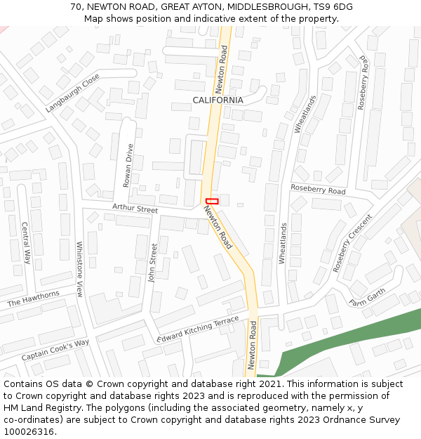 70, NEWTON ROAD, GREAT AYTON, MIDDLESBROUGH, TS9 6DG: Location map and indicative extent of plot