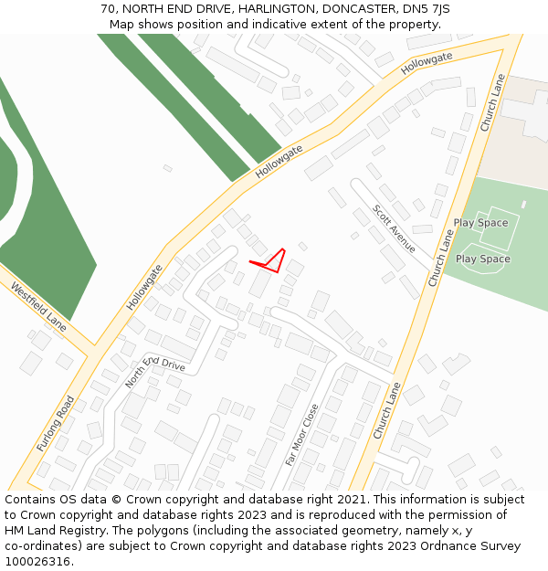 70, NORTH END DRIVE, HARLINGTON, DONCASTER, DN5 7JS: Location map and indicative extent of plot