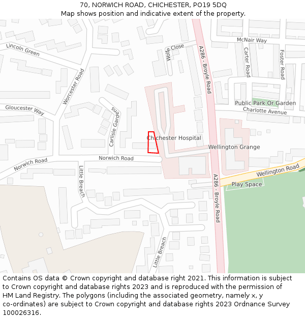 70, NORWICH ROAD, CHICHESTER, PO19 5DQ: Location map and indicative extent of plot