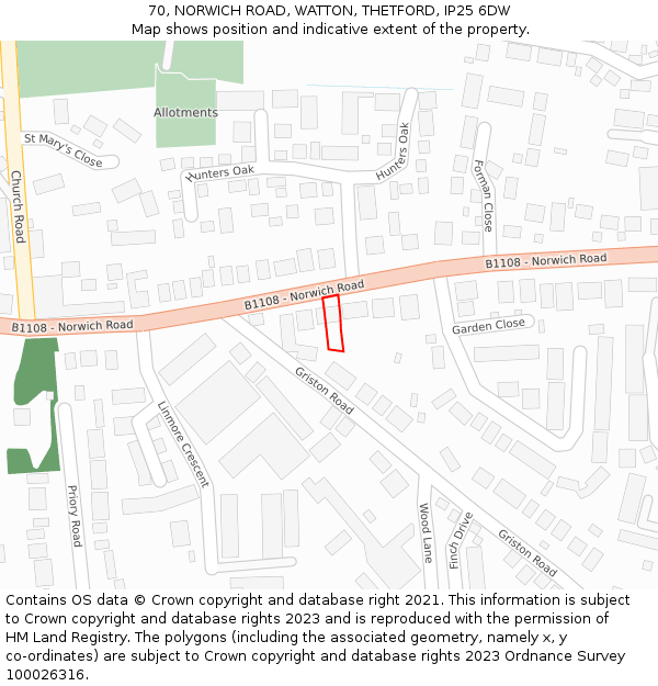 70, NORWICH ROAD, WATTON, THETFORD, IP25 6DW: Location map and indicative extent of plot