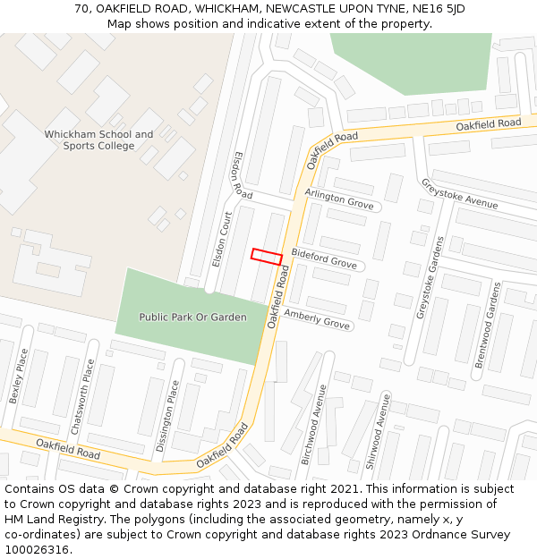 70, OAKFIELD ROAD, WHICKHAM, NEWCASTLE UPON TYNE, NE16 5JD: Location map and indicative extent of plot