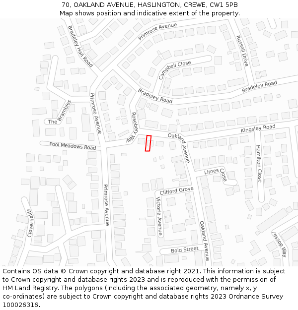 70, OAKLAND AVENUE, HASLINGTON, CREWE, CW1 5PB: Location map and indicative extent of plot