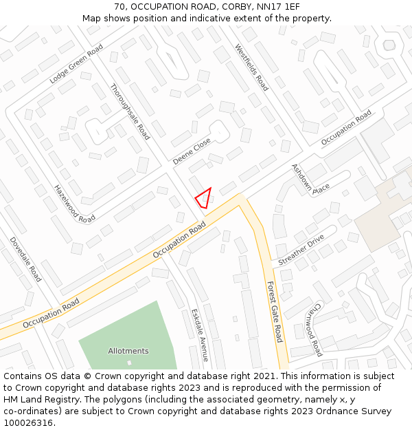 70, OCCUPATION ROAD, CORBY, NN17 1EF: Location map and indicative extent of plot