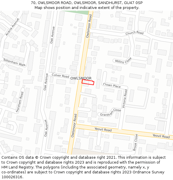 70, OWLSMOOR ROAD, OWLSMOOR, SANDHURST, GU47 0SP: Location map and indicative extent of plot