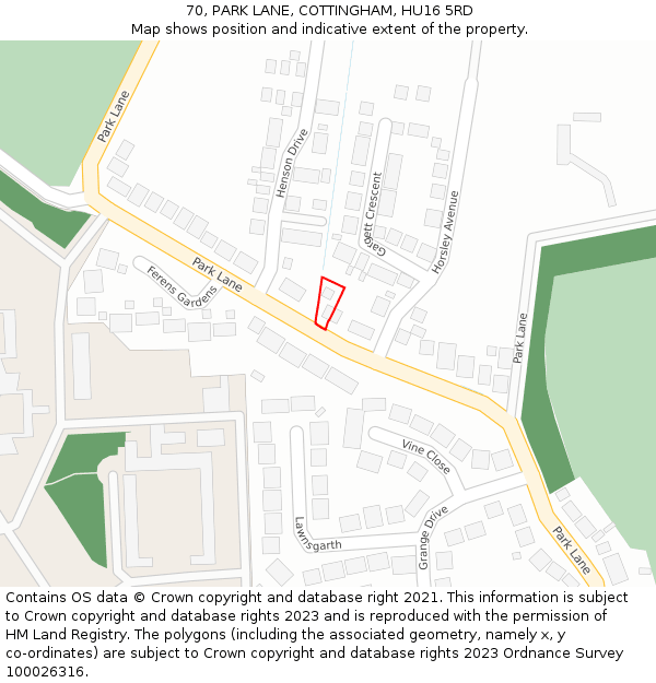 70, PARK LANE, COTTINGHAM, HU16 5RD: Location map and indicative extent of plot