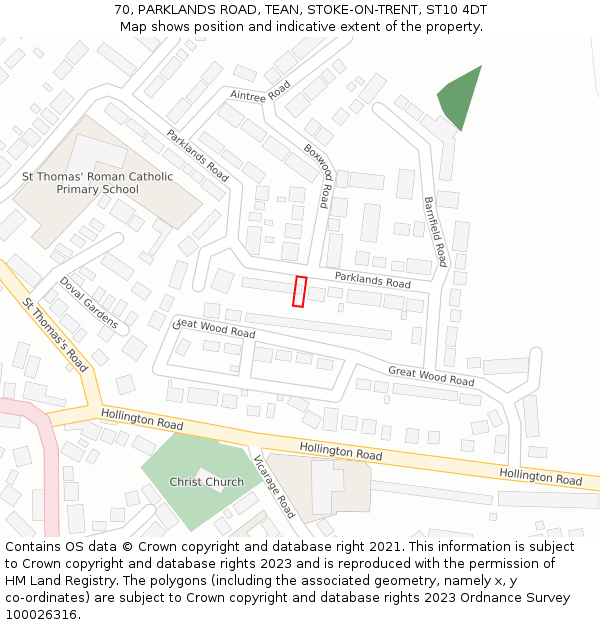 70, PARKLANDS ROAD, TEAN, STOKE-ON-TRENT, ST10 4DT: Location map and indicative extent of plot