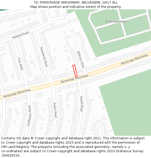 70, PARSONAGE MANORWAY, BELVEDERE, DA17 6LL: Location map and indicative extent of plot