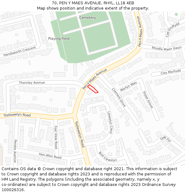 70, PEN Y MAES AVENUE, RHYL, LL18 4EB: Location map and indicative extent of plot