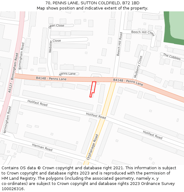 70, PENNS LANE, SUTTON COLDFIELD, B72 1BD: Location map and indicative extent of plot