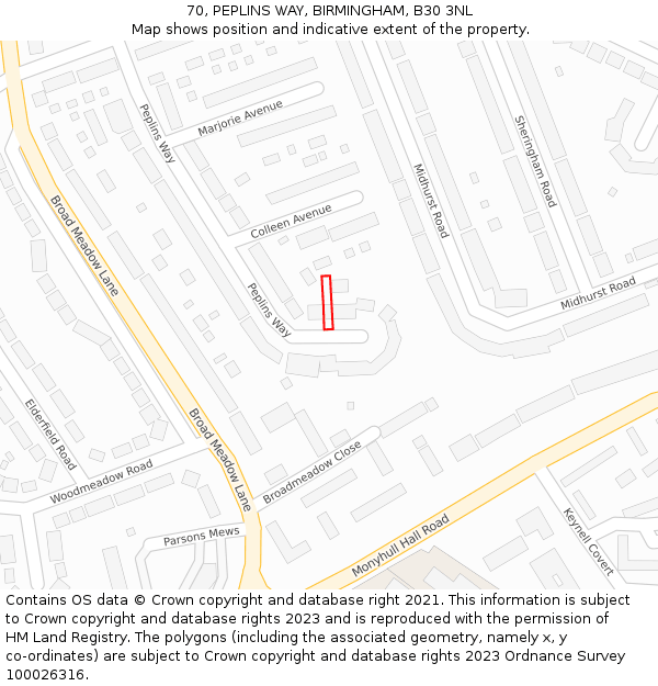 70, PEPLINS WAY, BIRMINGHAM, B30 3NL: Location map and indicative extent of plot