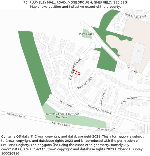 70, PLUMBLEY HALL ROAD, MOSBOROUGH, SHEFFIELD, S20 5EG: Location map and indicative extent of plot