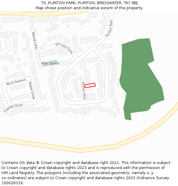 70, PURITON PARK, PURITON, BRIDGWATER, TA7 8BJ: Location map and indicative extent of plot