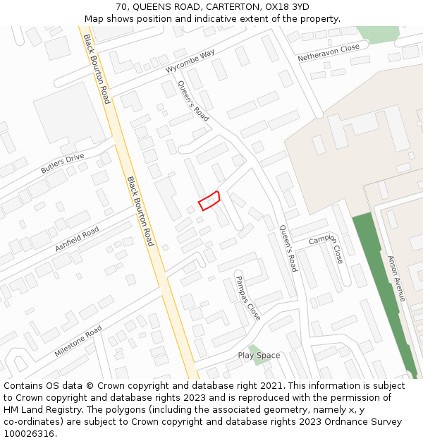 70, QUEENS ROAD, CARTERTON, OX18 3YD: Location map and indicative extent of plot