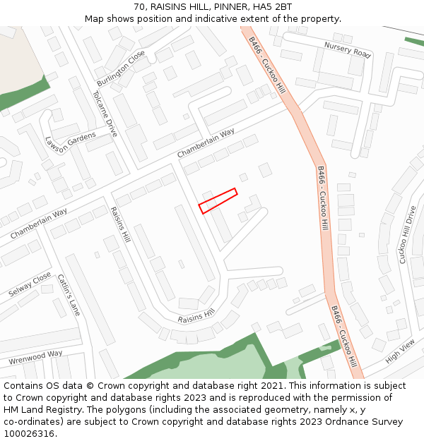 70, RAISINS HILL, PINNER, HA5 2BT: Location map and indicative extent of plot