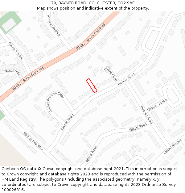 70, RAYNER ROAD, COLCHESTER, CO2 9AE: Location map and indicative extent of plot