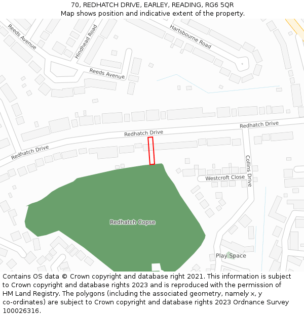 70, REDHATCH DRIVE, EARLEY, READING, RG6 5QR: Location map and indicative extent of plot