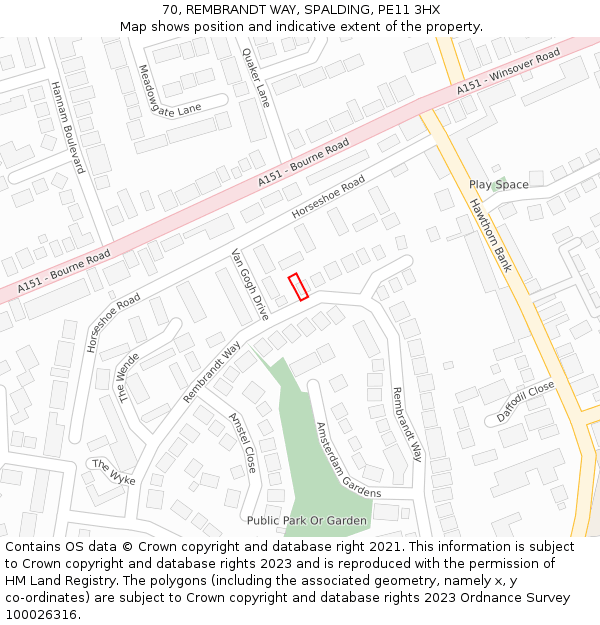 70, REMBRANDT WAY, SPALDING, PE11 3HX: Location map and indicative extent of plot