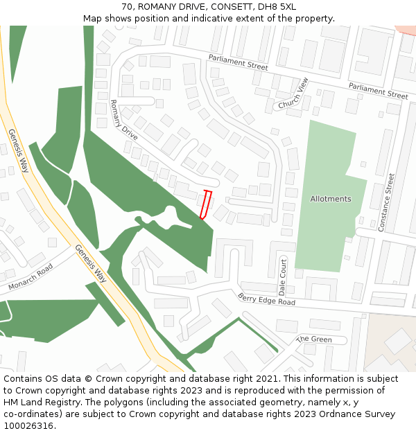 70, ROMANY DRIVE, CONSETT, DH8 5XL: Location map and indicative extent of plot