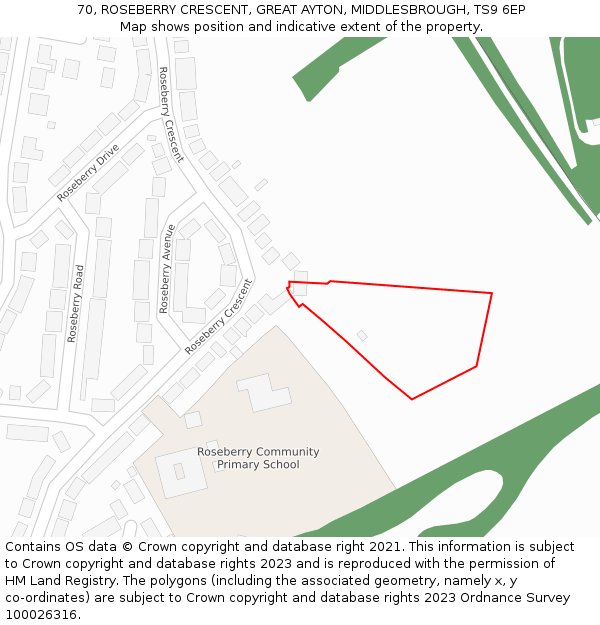 70, ROSEBERRY CRESCENT, GREAT AYTON, MIDDLESBROUGH, TS9 6EP: Location map and indicative extent of plot