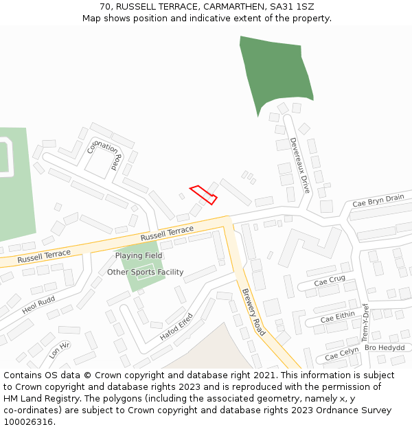 70, RUSSELL TERRACE, CARMARTHEN, SA31 1SZ: Location map and indicative extent of plot