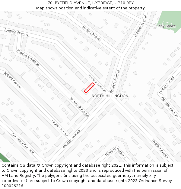 70, RYEFIELD AVENUE, UXBRIDGE, UB10 9BY: Location map and indicative extent of plot