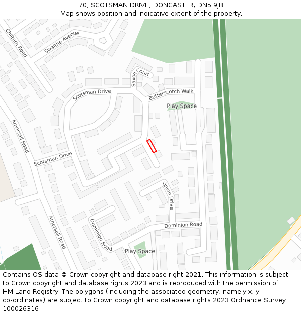 70, SCOTSMAN DRIVE, DONCASTER, DN5 9JB: Location map and indicative extent of plot