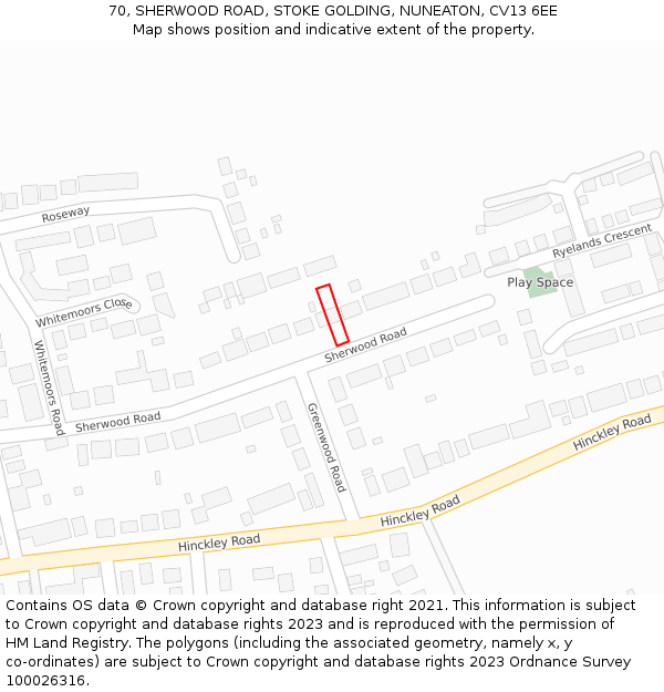 70, SHERWOOD ROAD, STOKE GOLDING, NUNEATON, CV13 6EE: Location map and indicative extent of plot