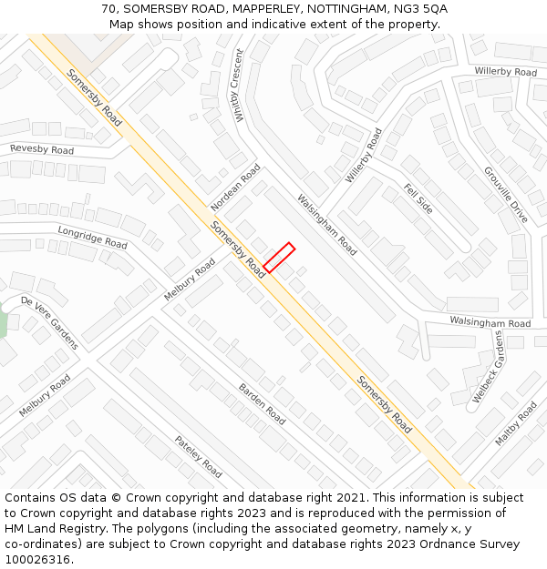 70, SOMERSBY ROAD, MAPPERLEY, NOTTINGHAM, NG3 5QA: Location map and indicative extent of plot